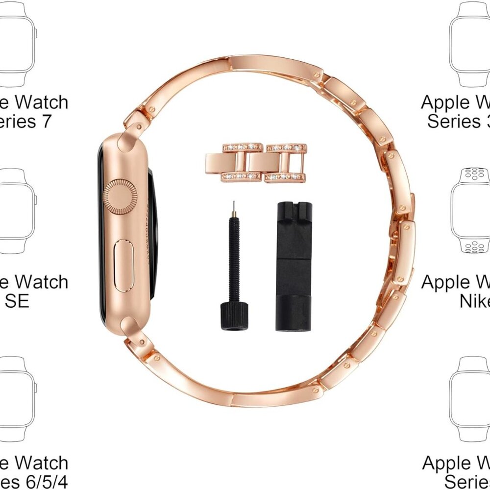 JFDragon Rose Gold Color & Rhinestone Apple Watch Band Adjustable New In Box - Picture 7 of 9